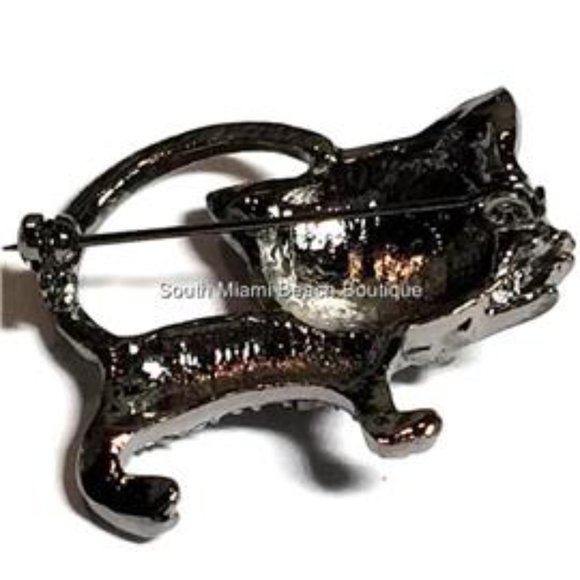 Silver Crystal Kitty Cat Pin Brooch Black Kitten Halloween Sparkly Crystals - Picture 4 of 5